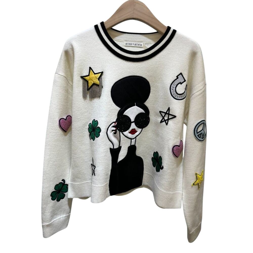 Alice + Olivia Gleeson Stace Face Boxy Sweater with Crystal Embellishments L - Picture 4 of 6